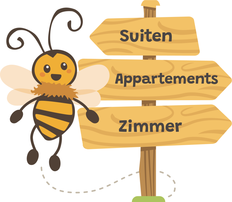 Fröhliche Biene neben Holzwegweiser mit den Worten Suiten, Appartements, Zimmer