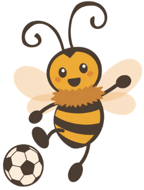 Fröhliche Biene mit gestreiftem Körper, die einen Fußball tritt