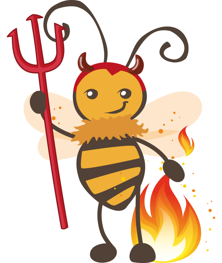 Illustration einer Biene mit Teufelshörnern, Dreizack und Flammen am rechten Bein