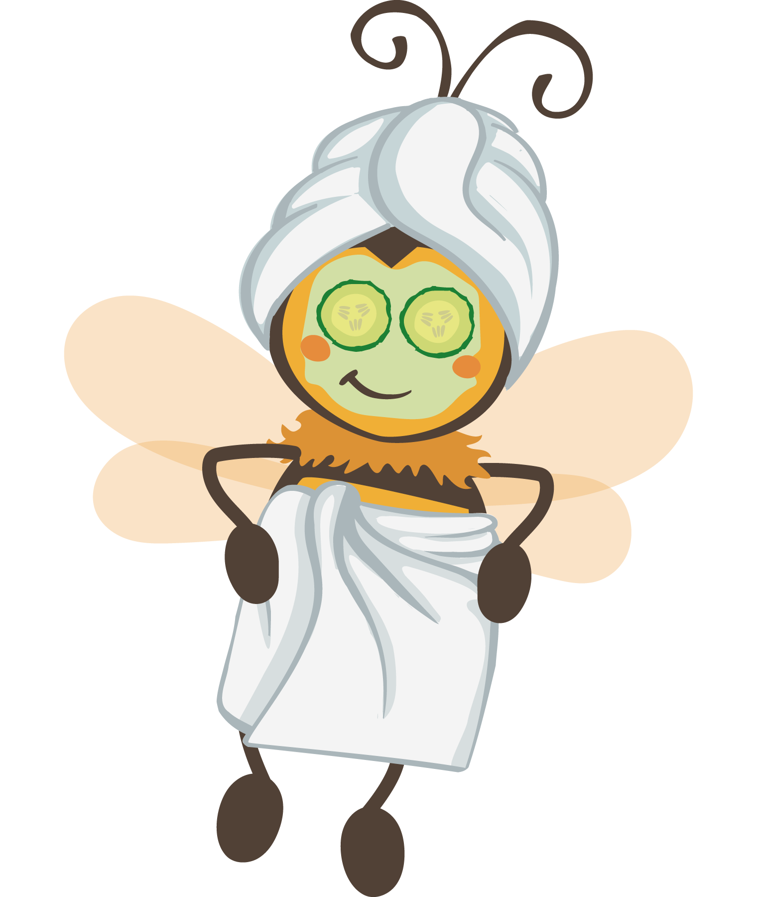 Biene mit Gesichtsmaske, Gurkenscheiben auf den Augen, Handtuch um den Kopf und weißen Tüchern
