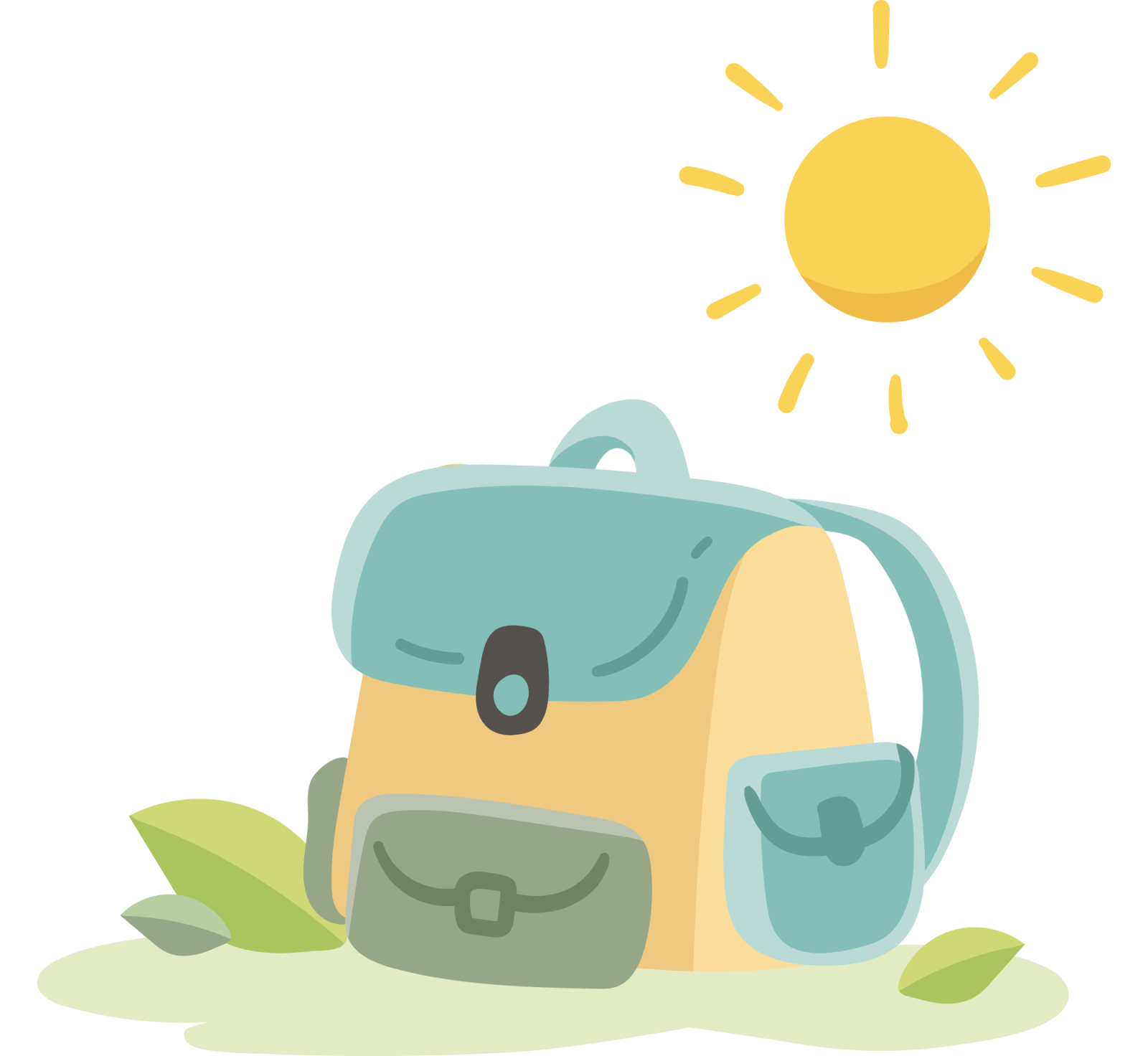 Bunter Rucksack mit Sonnenillustration oben rechts und Blättern unten links