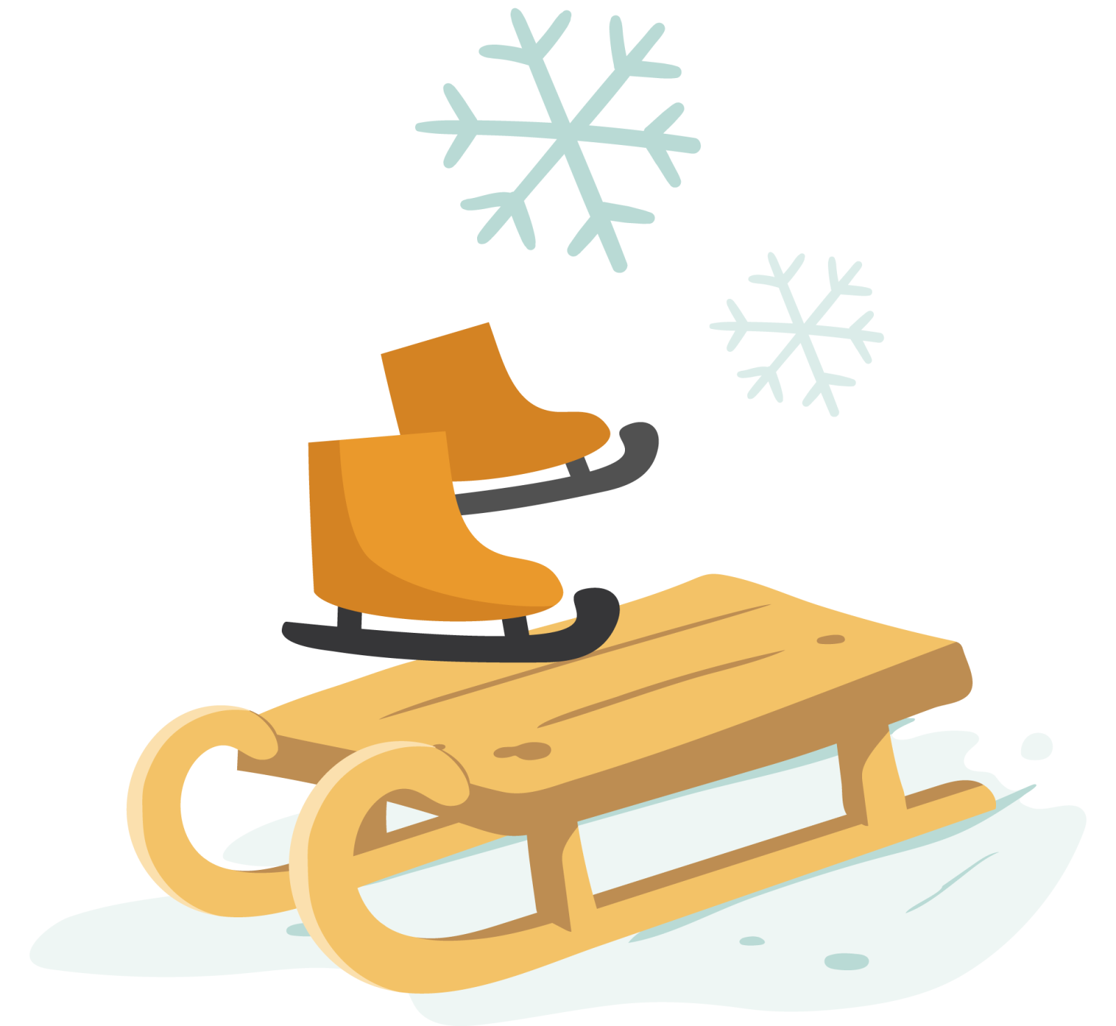 Braune Schlittschuhe auf einem Holzschlitten mit Schneeflocken im Hintergrund