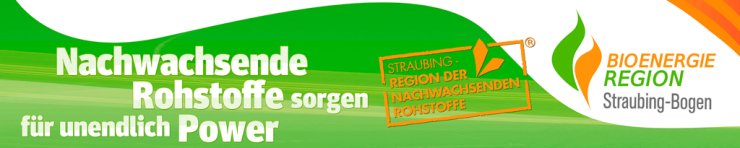 Grüner Banner mit Text zu nachwachsenden Rohstoffen und Logo der Bioenergie Region Straubing-Bogen