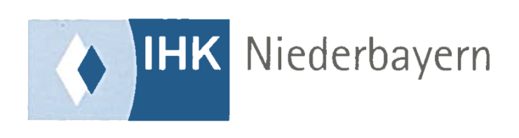 Logo der IHK Niederbayern mit blauem und weißem Symbol links und Text rechts