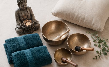 Buddha-Statue mit brennender Kerze, Klangschalen mit Schlägeln, zwei blaue Handtücher, Kissen und Eukalyptuszweig auf hellem Untergrund