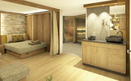 Helles Zimmer mit Holzverkleidung, Sofa links, Waschbecken rechts und Sauna im Hintergrund