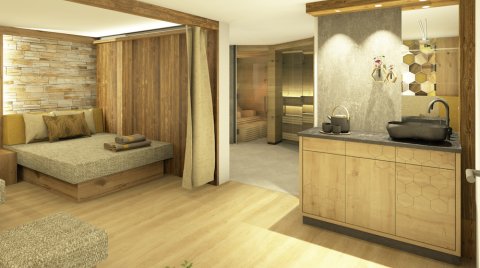 Helles Zimmer mit Holzverkleidung, Sofa links, Waschbecken rechts und Sauna im Hintergrund