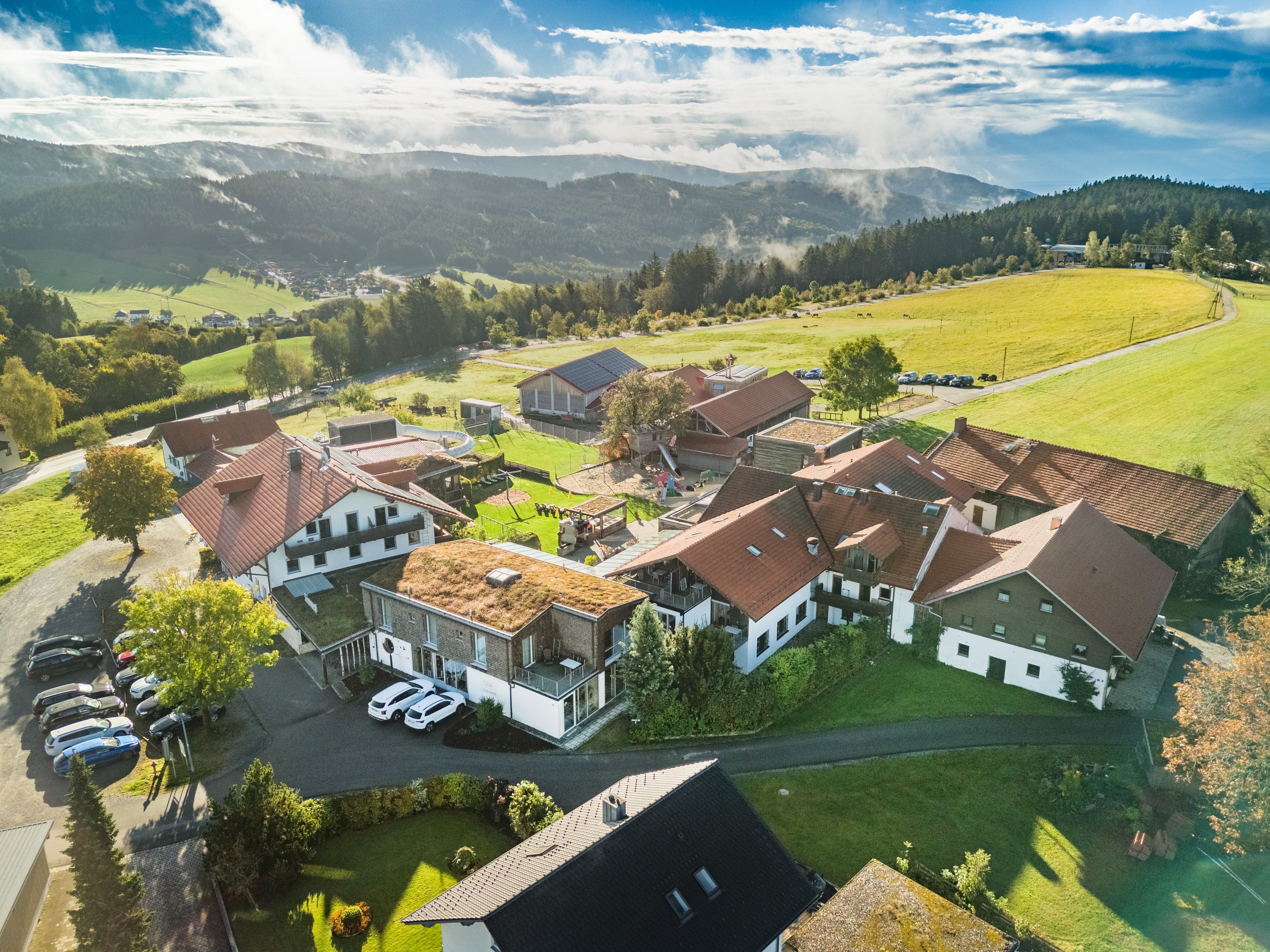 Aerial view of a village with houses, green fields, and forested hills in the background