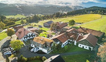 Luftaufnahme eines ländlichen Dorfes mit roten Dächern, grünen Feldern und bewaldeten Hügeln im Hintergrund