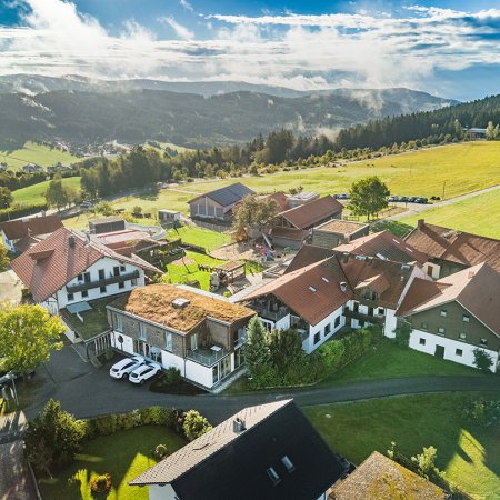 Luftaufnahme eines ländlichen Dorfes mit roten Dächern, grünen Feldern und bewaldeten Hügeln im Hintergrund