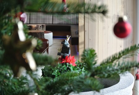 Brunnen mit Froschfigur und Weihnachtsstern, im Vordergrund Tannenzweige mit roten Kugeln