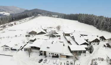 Luftaufnahme eines verschneiten Dorfes mit Häusern, Wald und einem schneebedeckten Feld im Hintergrund