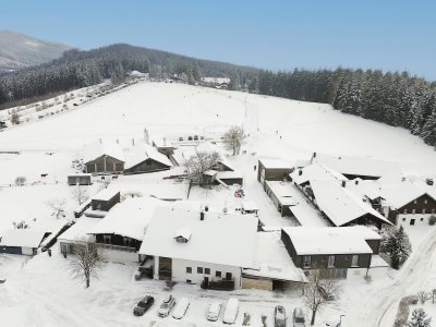 Luftaufnahme eines verschneiten Dorfes mit Häusern, Wald und einem schneebedeckten Feld im Hintergrund