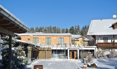 Schneebedeckte Häuser und Bäume unter klarem blauem Himmel in einer Winterlandschaft