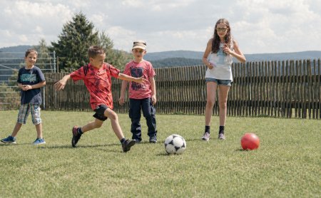 Kinder spielen Fußball auf einer Wiese vor einem Holzzaun und Bäumen im Hintergrund