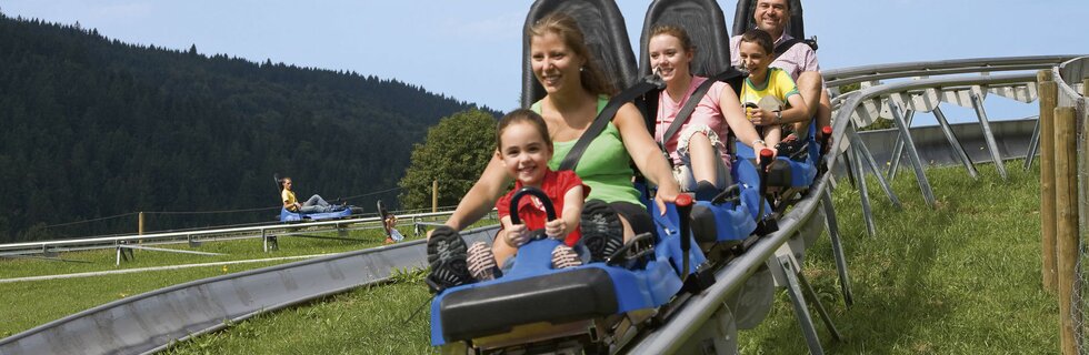 Familie auf der Sommerrodelbahn