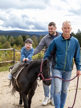Kind reitet Pony, begleitet von zwei Männern auf einem Weg mit Zaun und Wald im Hintergrund