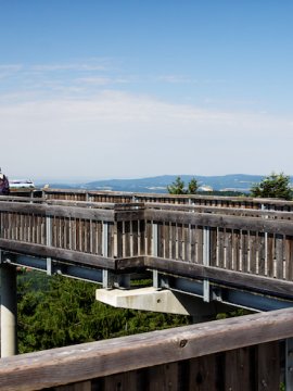 Holz-Aussichtsplattform mit mehreren Personen, die auf die Landschaft blicken, umgeben von Bäumen und Bergen