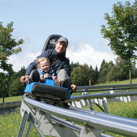 Vater und Kind fahren zusammen eine Sommerrodelbahn auf einer grünen Wiese mit Bäumen