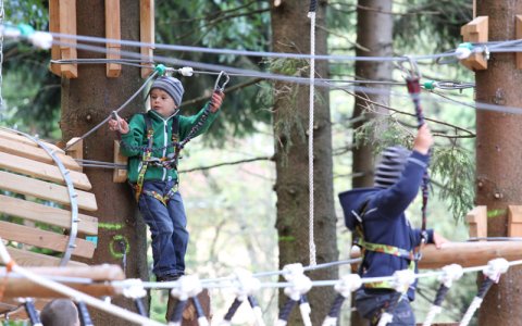 Zwei Kinder mit Kletterausrüstung balancieren auf einem Hochseilgarten-Parcours zwischen Bäumen