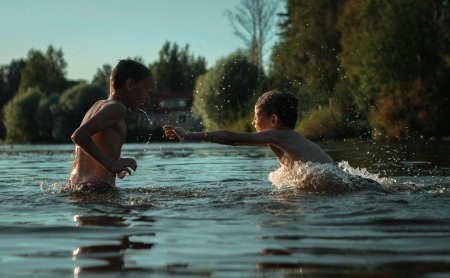 Zwei Jungen planschen im See, einer spritzt Wasser zum anderen, Bäume im Hintergrund