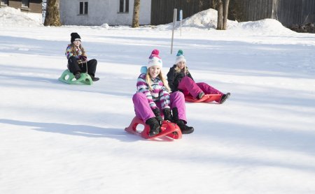 Drei Kinder rodeln auf einem schneebedeckten Feld vor einem Haus und Bäumen