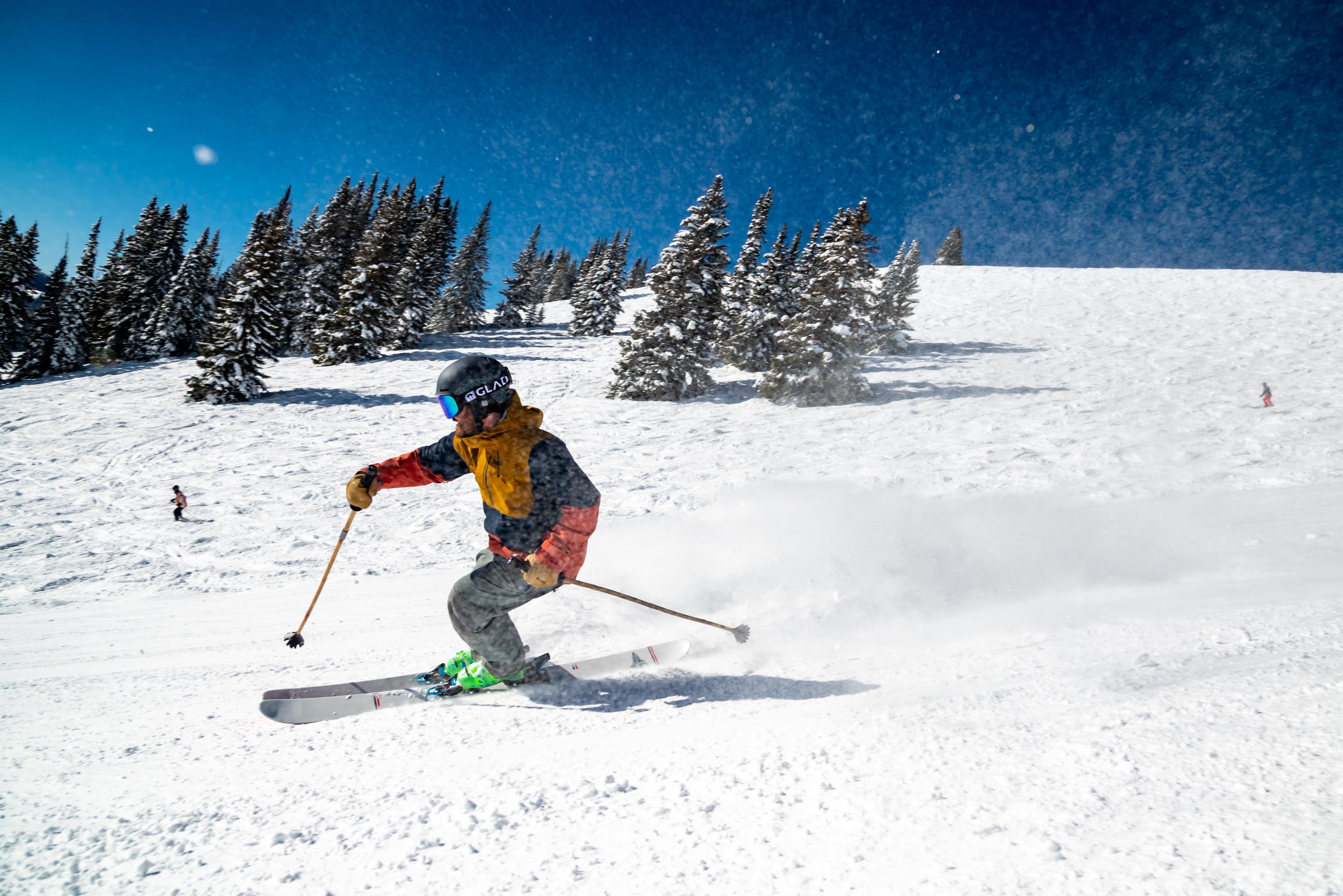 Skifahrer in bunter Jacke fährt den schneebedeckten Hang vor verschneiten Tannen unter blauem Himmel hinab