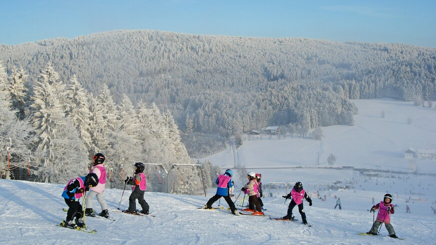 Kinder-Skikurs fährt den Hang hinab