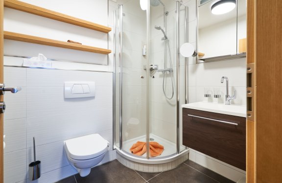 Kleines Badezimmer mit Toilette links, Duschkabine in der Mitte und Waschbecken rechts
