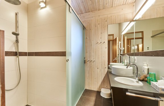 Badezimmer mit Dusche links, mattierter Glastür in der Mitte und Waschbecken mit Spiegel rechts