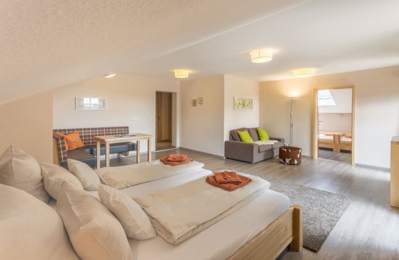 Helles Schlafzimmer mit zwei Betten, Sofa, Esstisch und Blick in ein weiteres Zimmer