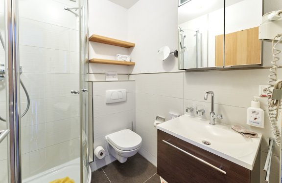 Kleines Badezimmer mit Dusche links, Toilette in der Mitte und Waschbecken mit Spiegel rechts